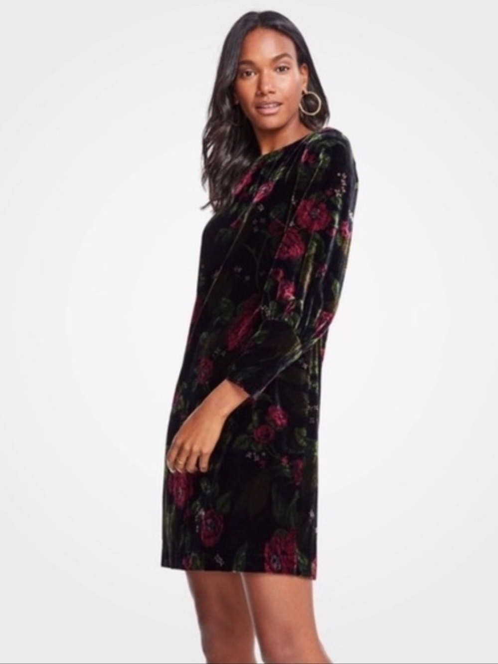 Ann Taylor Black Velvet Floral Long-Sleeve Shift Dress - Size 14 - Picture 3 of 12